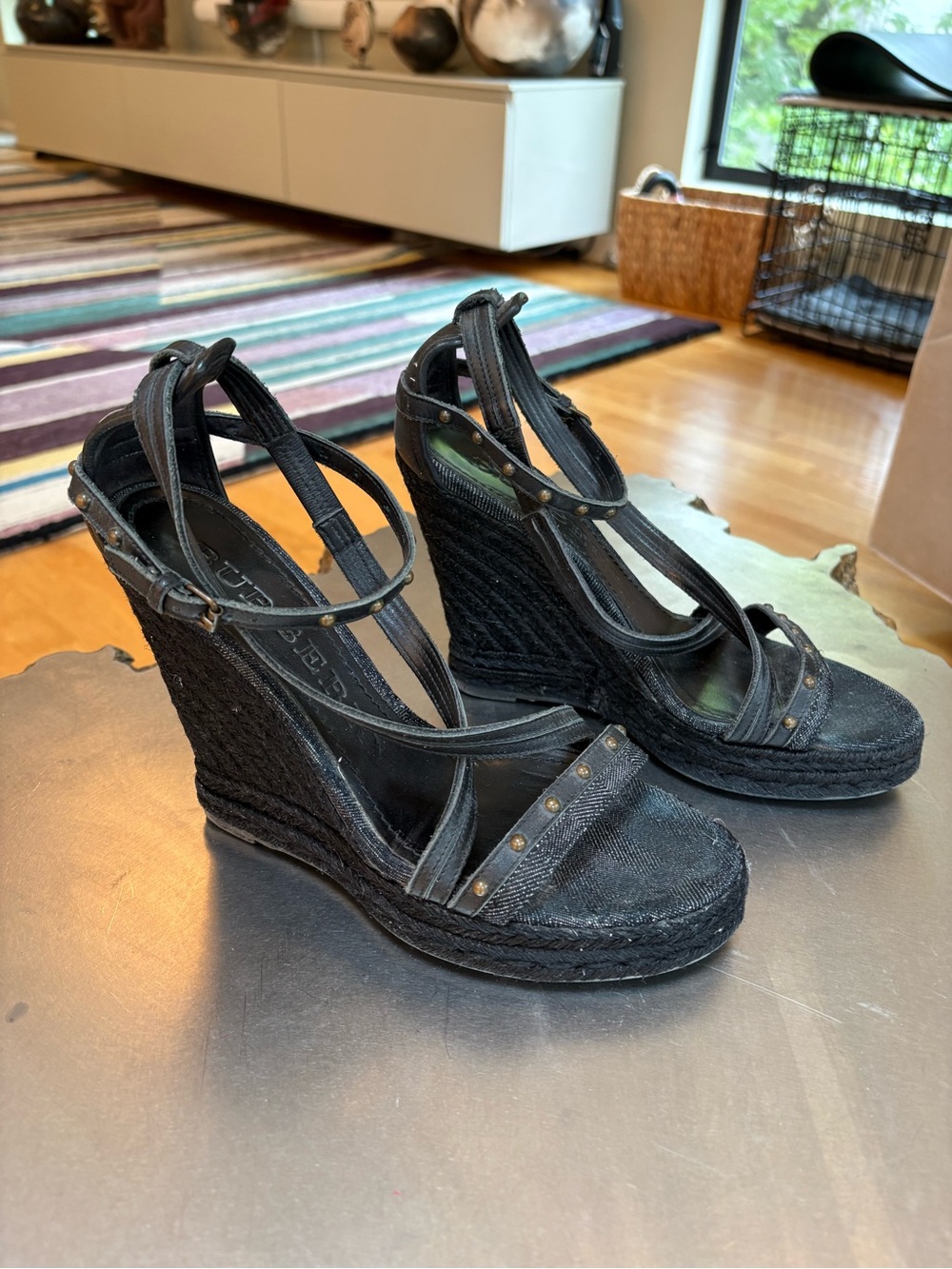 Burberry Black Espadrille Wedge Sandals with Ankle Straps